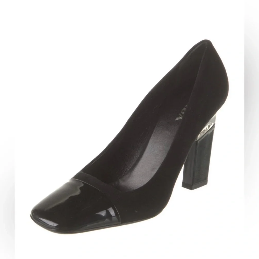 PRADA logo heeled black Suede Pumps SZ 40 (US SZ 10). Never worn. NWOT - Picture 3 of 12